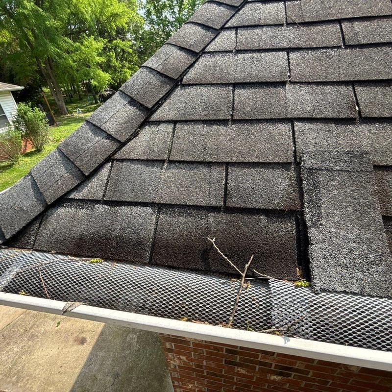 Asphalt roofing shingles with visible hail damage