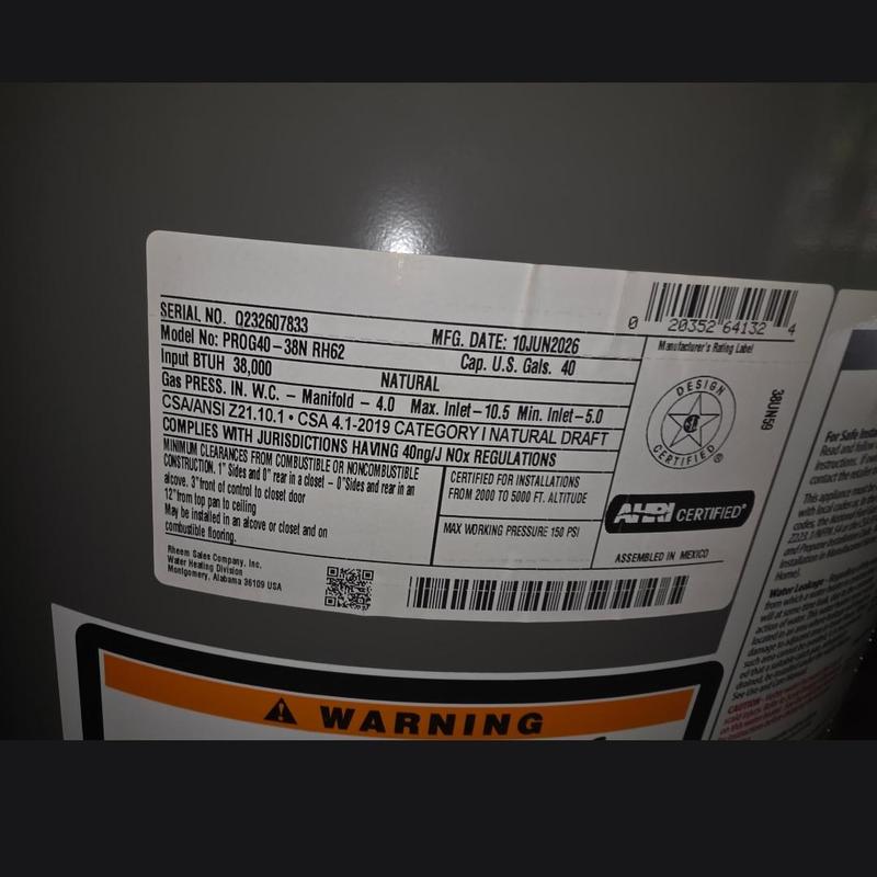 40-gallon natural draft water heater label close-up 40-gallon natural draft water heater label close-up