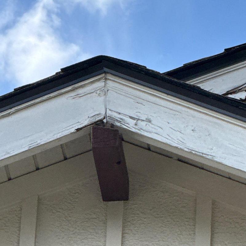 Wood fascia board showing weather and paint damage