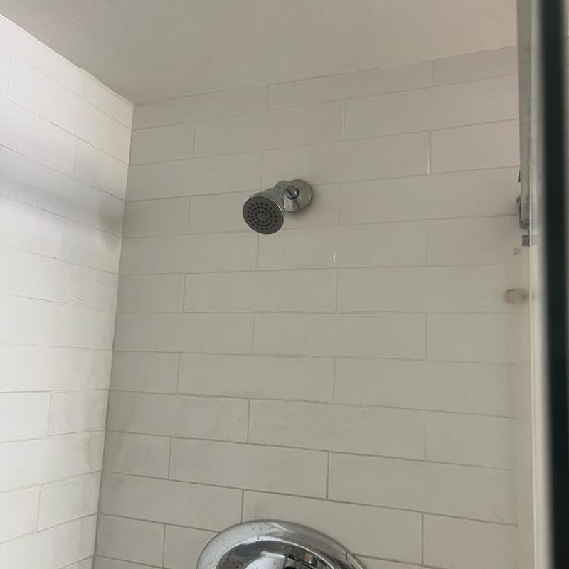 Delta multi-function showerhead installed in tiled shower wall