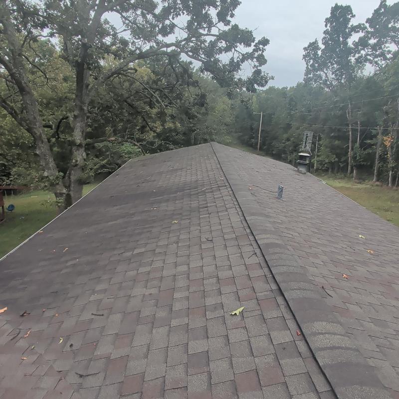 Aged asphalt shingle roof with minor wear and debris