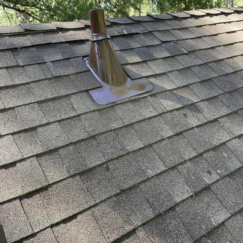 Asphalt shingle roof with vent pipe flashing in forest