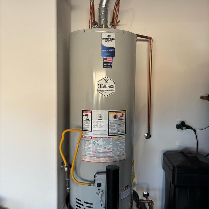 Bradford White 50-gallon gas water heater with leak pan