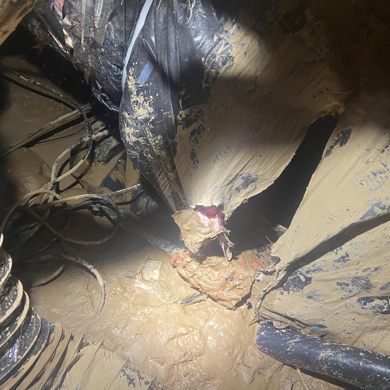 Ductwork insulation damaged by mud in crawlspace flood