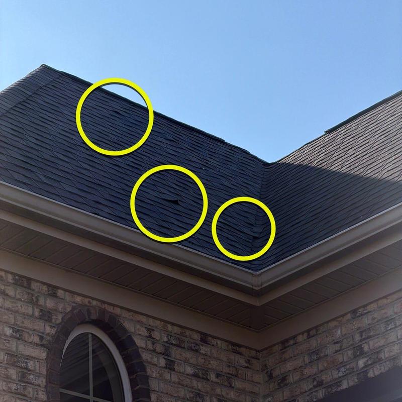Roof shingles with hail damage circled in yellow