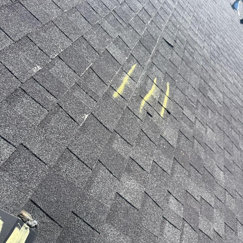 Asphalt roof shingles with hail damage markings