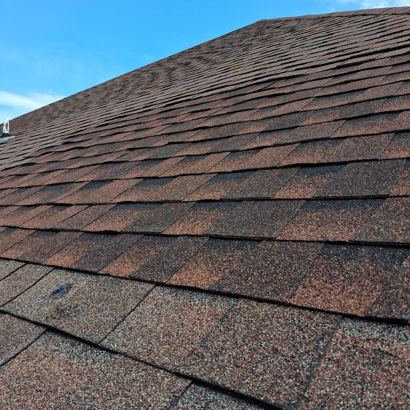 Asphalt shingle roof with wind storm damage repair
