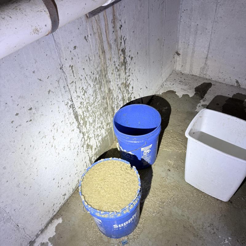 Main drain line overflow with buckets in basement Main drain line overflow with buckets in basement