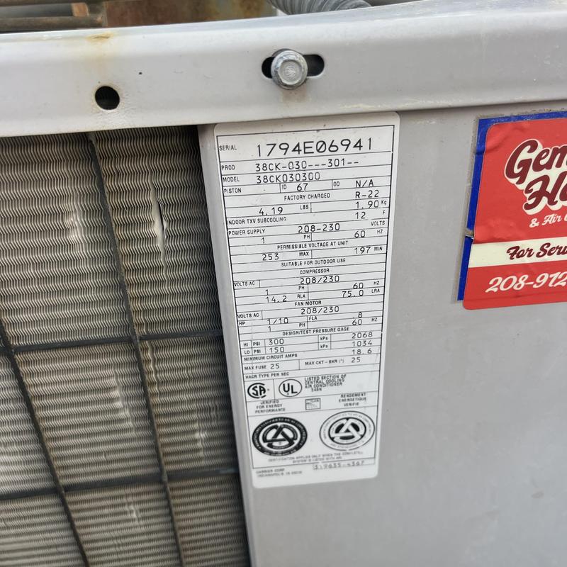 Air conditioner unit model and specifications label close-up
