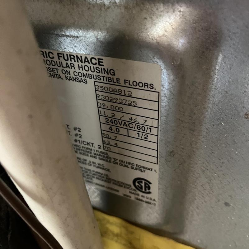 Electric furnace label and specifications close-up