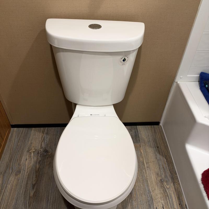 Toilet with dual-flush system installed in bathroom