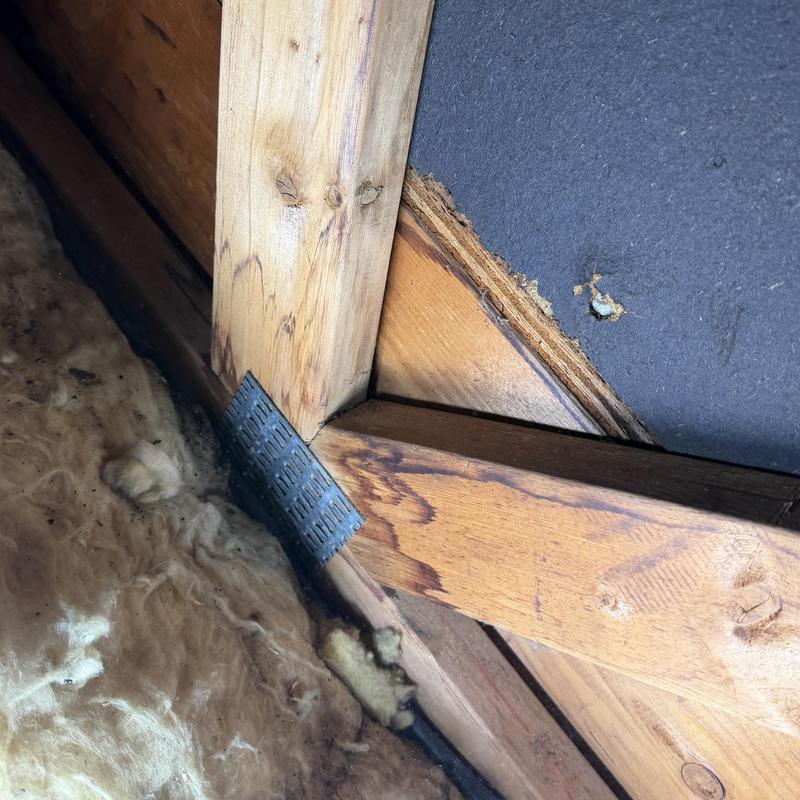 Attic roof framing with water staining and insulation Attic roof framing with water staining and insulation