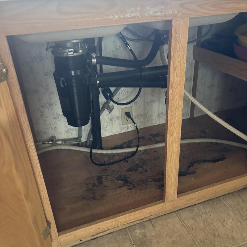 Kitchen sink cabinet wood damage and plumbing pipes