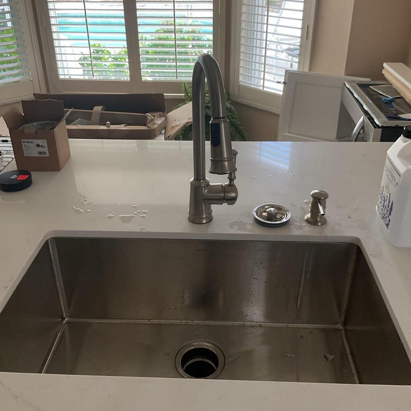 Kitchen faucet and sink installation with soap dispenser