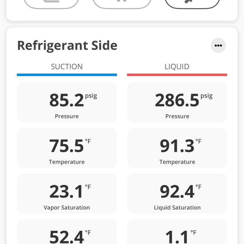 Refrigerant side pressure and temperature readings display