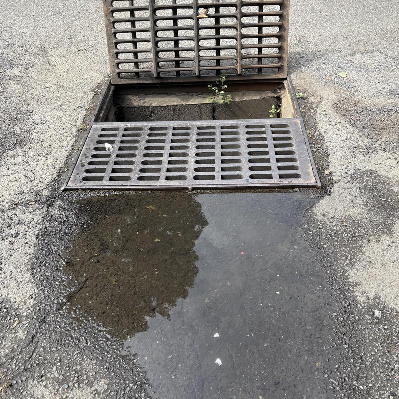 Storm drain catch basin with open grates in asphalt Storm drain catch basin with open grates in asphalt