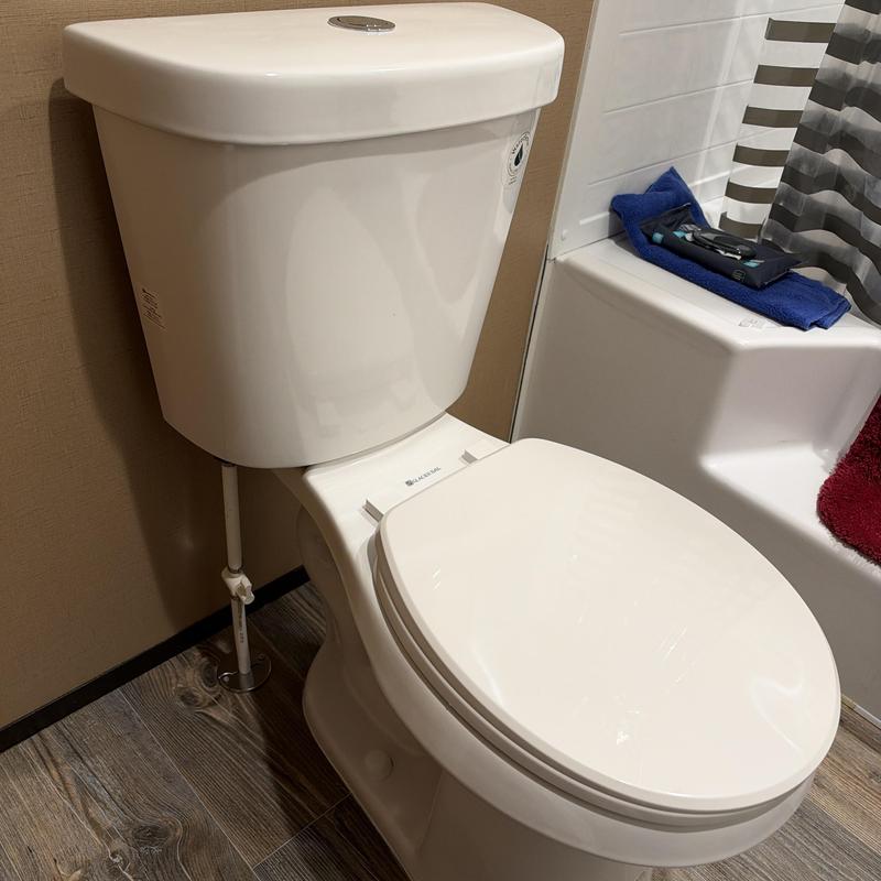 Two-piece toilet with closed lid in bathroom corner