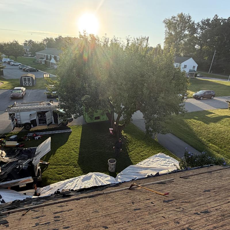 Asphalt shingle roof removal during replacement in yard Asphalt shingle roof removal during replacement in yard