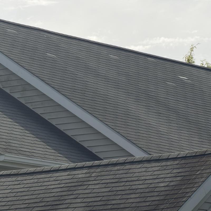 Asphalt shingle roof with missing and stained shingles Asphalt shingle roof with missing and stained shingles