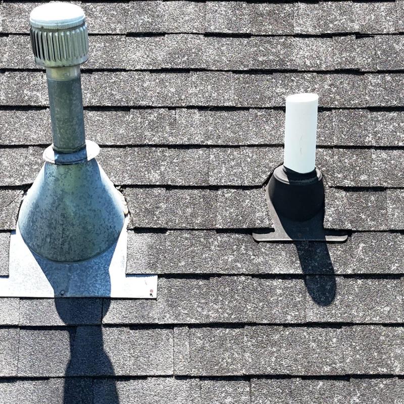 Roof vent pipes on asphalt shingle roof