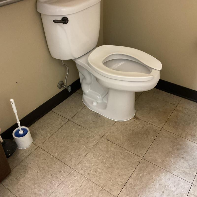 Toilet with replaced wax ring in bathroom corner