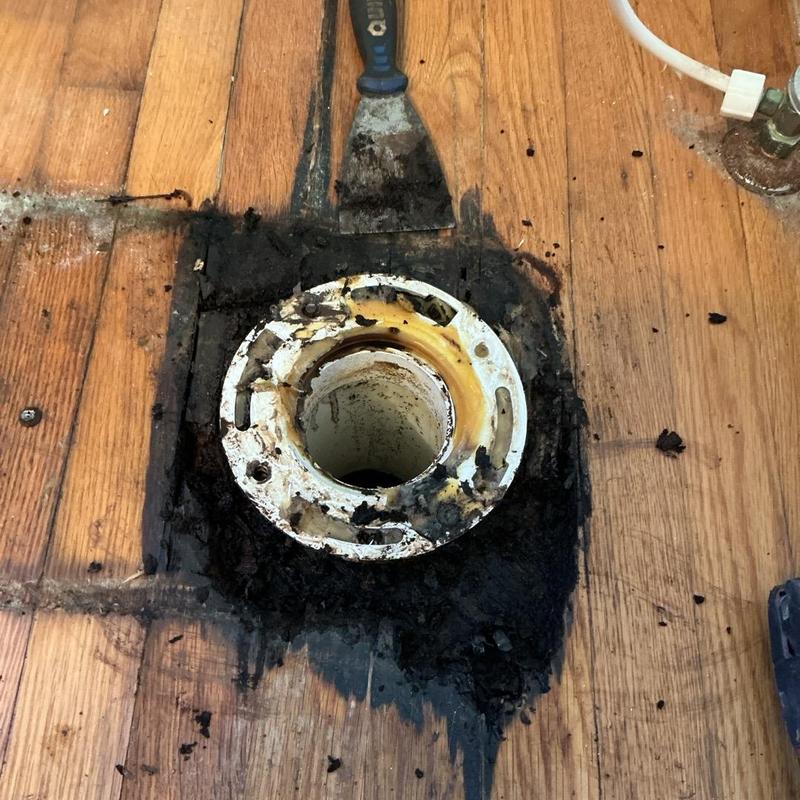 Toilet flange with damaged hardwood subfloor exposed Toilet flange with damaged hardwood subfloor exposed