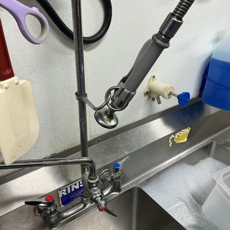 Three-compartment sink faucet with hand-spray replacement Three-compartment sink faucet with hand-spray replacement