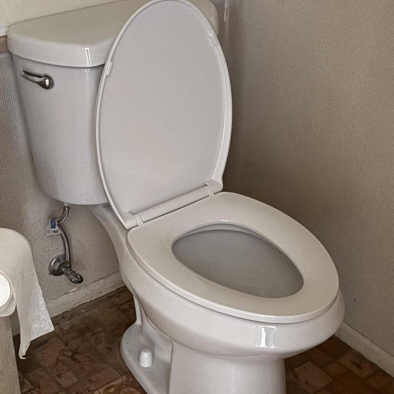 Toilet with open lid installed on brick floor