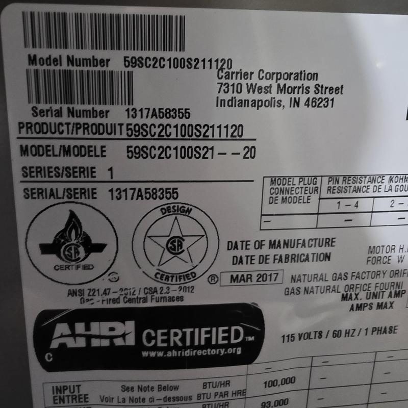 Carrier furnace model 59SC2C100S21 label details Carrier furnace model 59SC2C100S21 label details