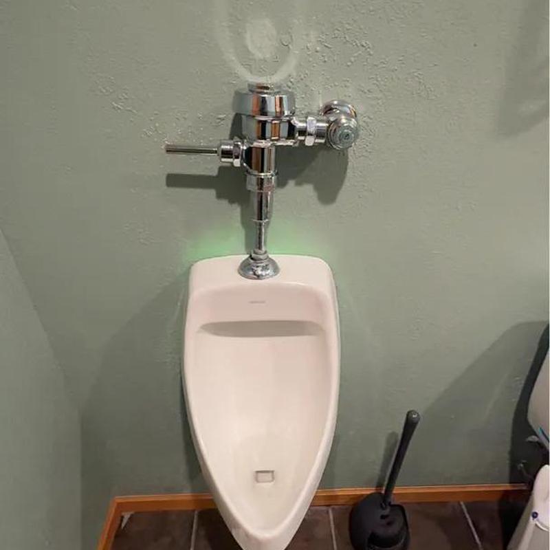 Urinal flush valve and fixture in bathroom