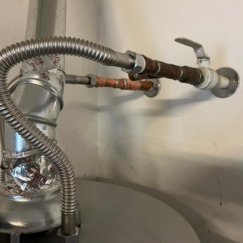 Gas water heater piping with shut-off valve and flex lines