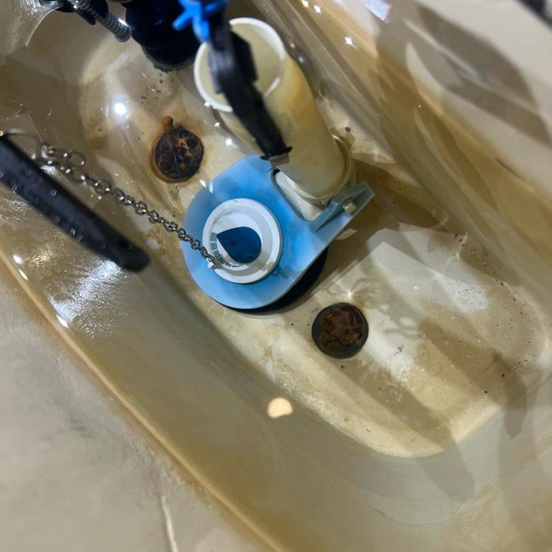 Toilet tank interior with flush valve and chain components