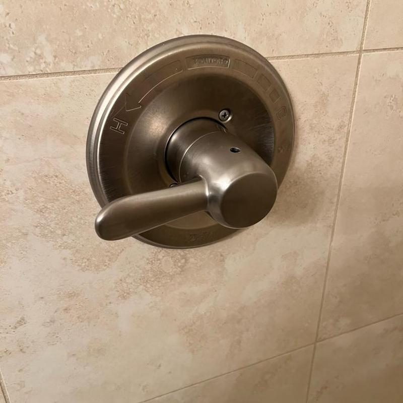 Shower handle mounted on beige tiled wall