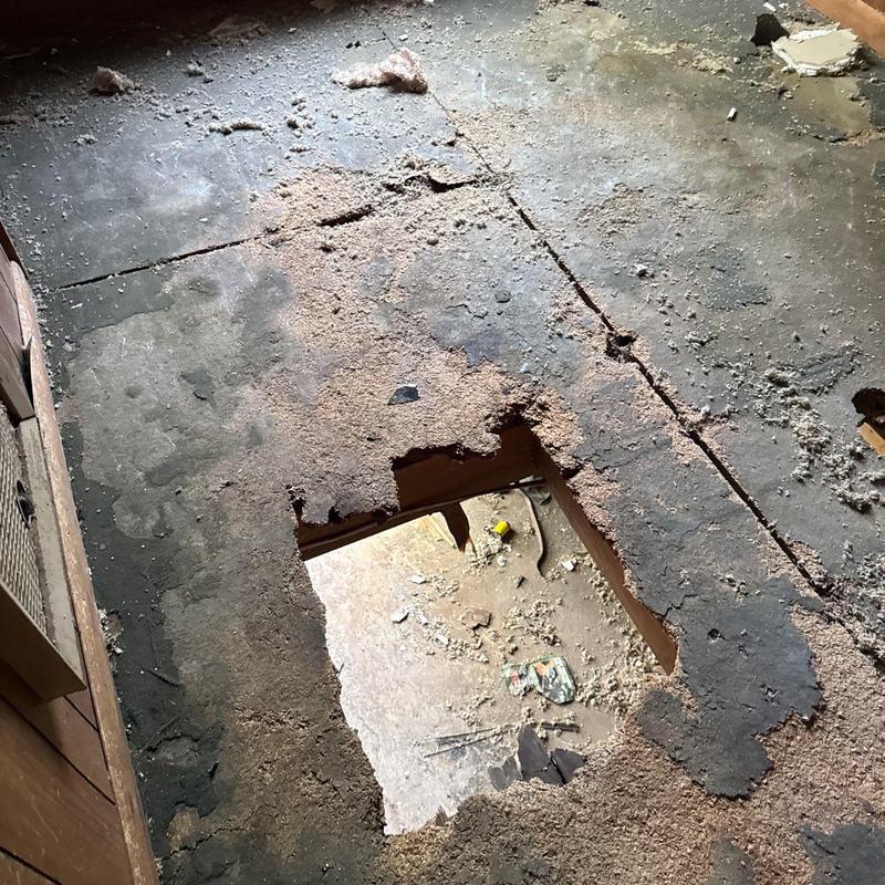 Subfloor with extensive water damage and rot hole