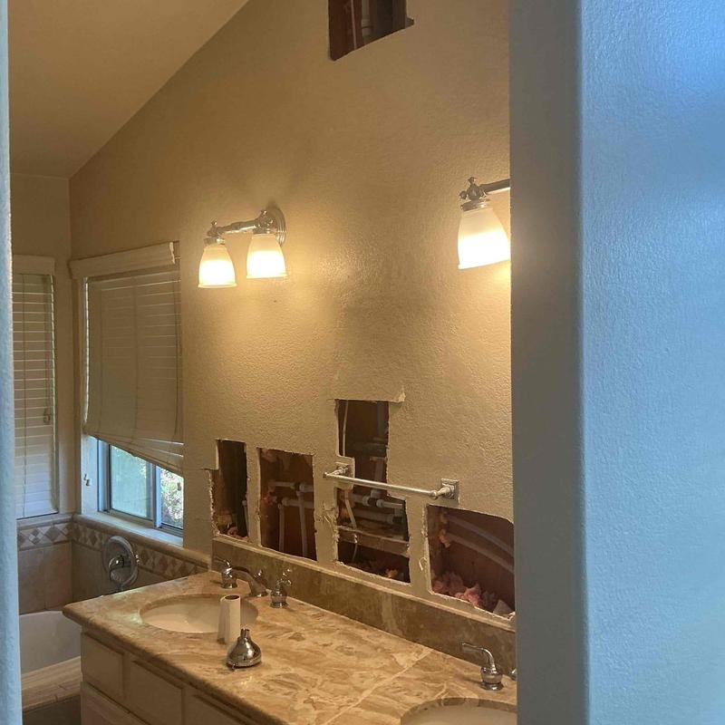 Bathroom plumbing with exposed supply lines behind wall panels