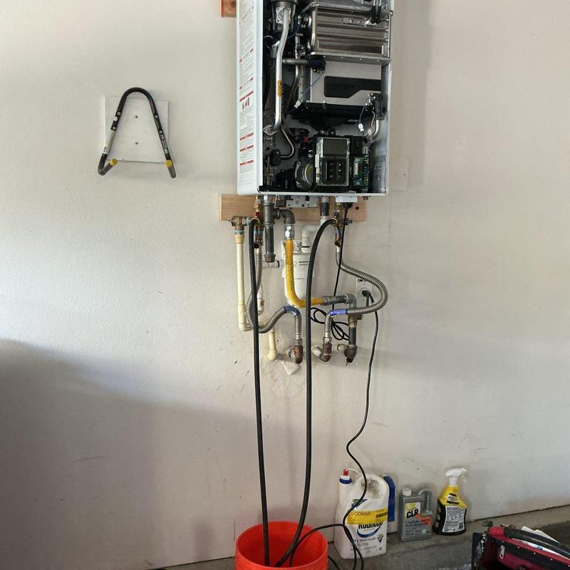 Tankless water heater with connected flushing equipment