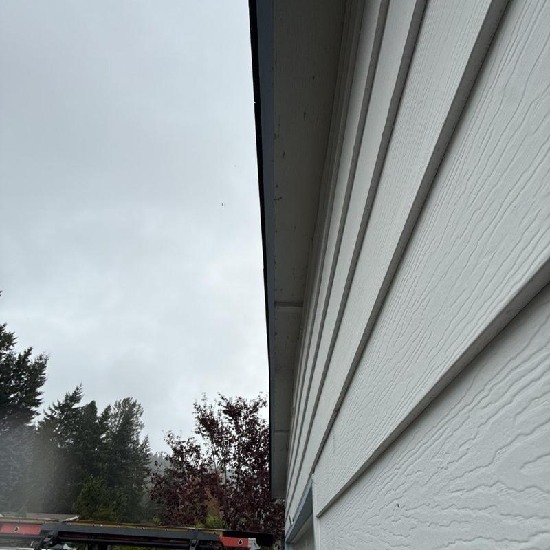 House siding and fascia inspection with overcast sky