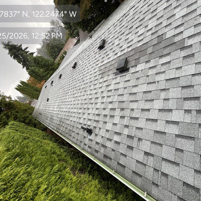 Asphalt shingle roof with vents and pipe flashing