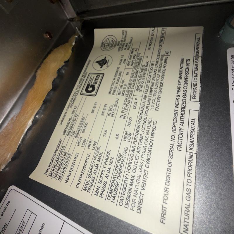 Gas furnace specification label inside unit panel Gas furnace specification label inside unit panel