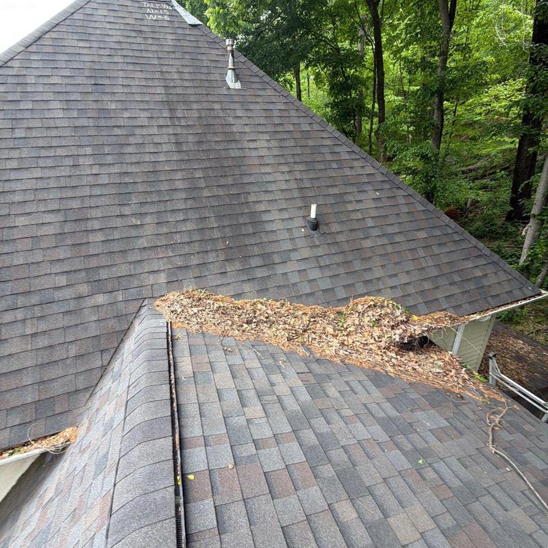 Roof valley with clogged leaves and debris buildup
