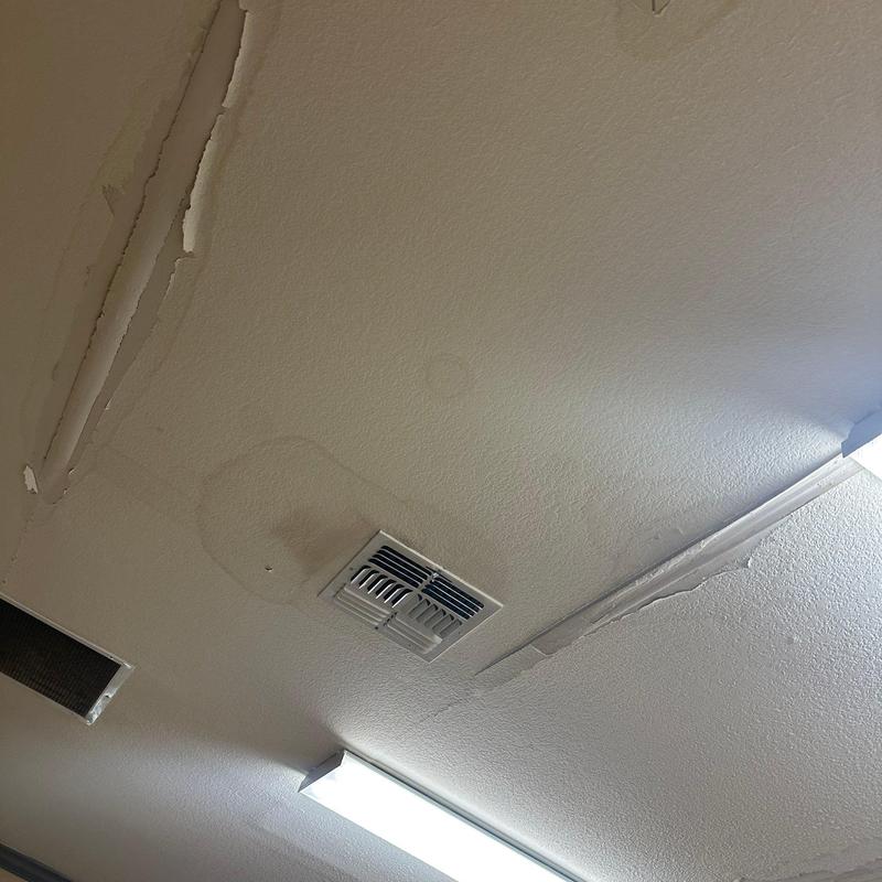 Ceiling drywall with water damage and paint peeling Ceiling drywall with water damage and paint peeling