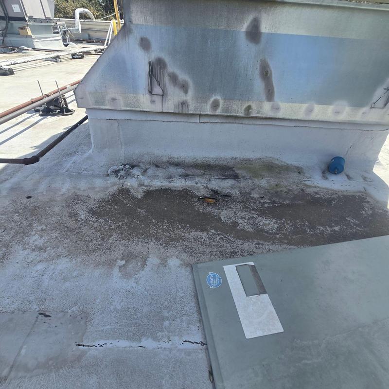 Flat roof membrane with water damage and stains Flat roof membrane with water damage and stains