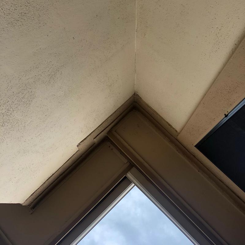 Window frame with corner mold discoloration and wear Window frame with corner mold discoloration and wear