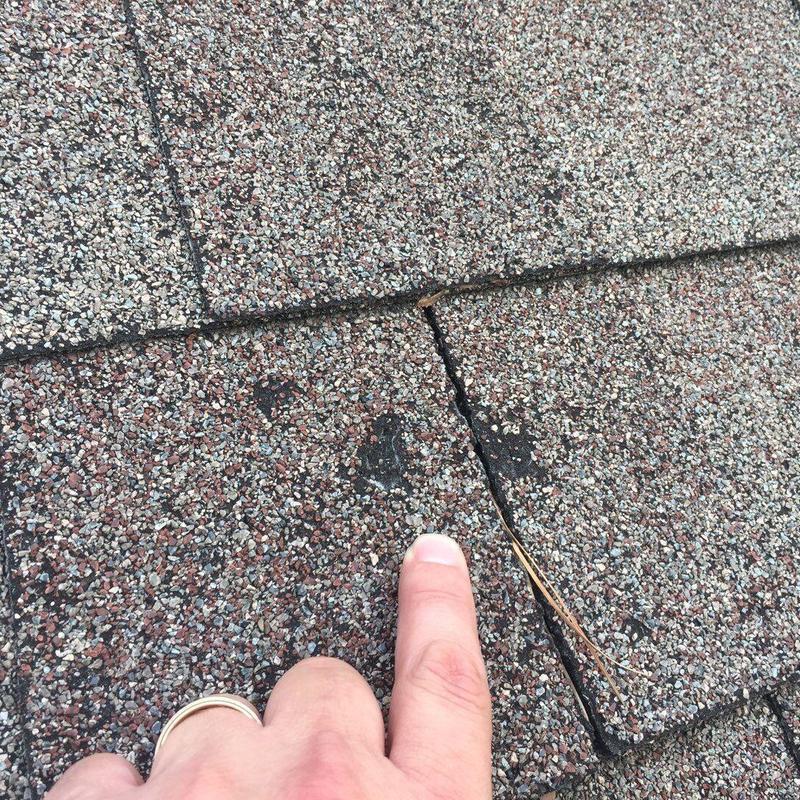 Hail-damaged asphalt roof shingles close-up inspection