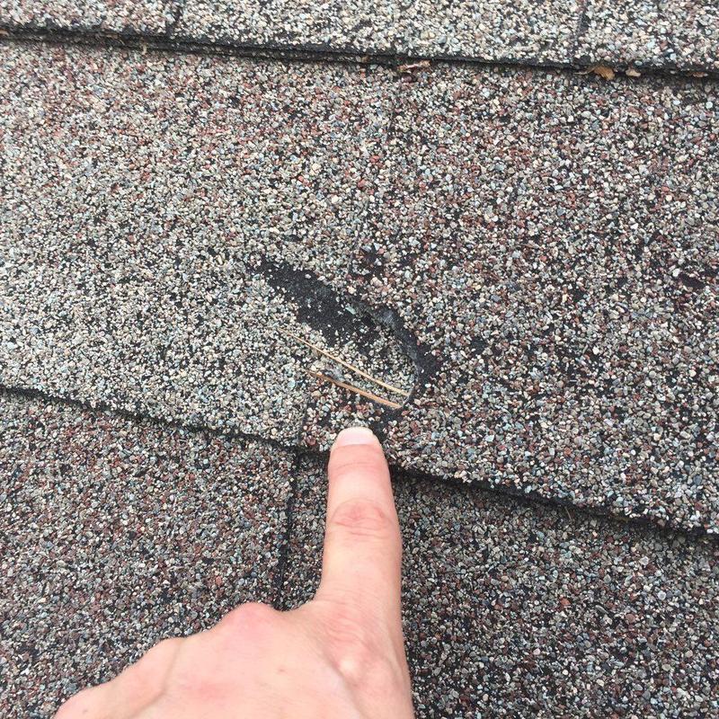 Asphalt shingle granule loss with exposed mat under finger