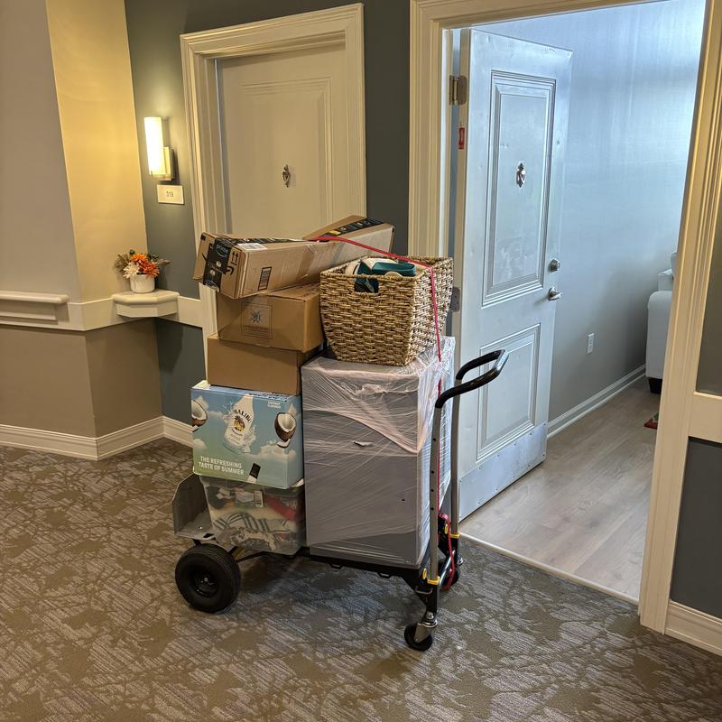 Moving dolly loaded with boxes and household items
