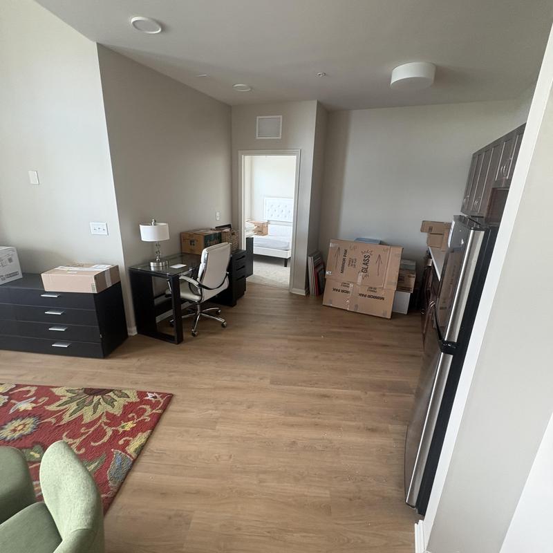 Moving boxed household items into apartment room