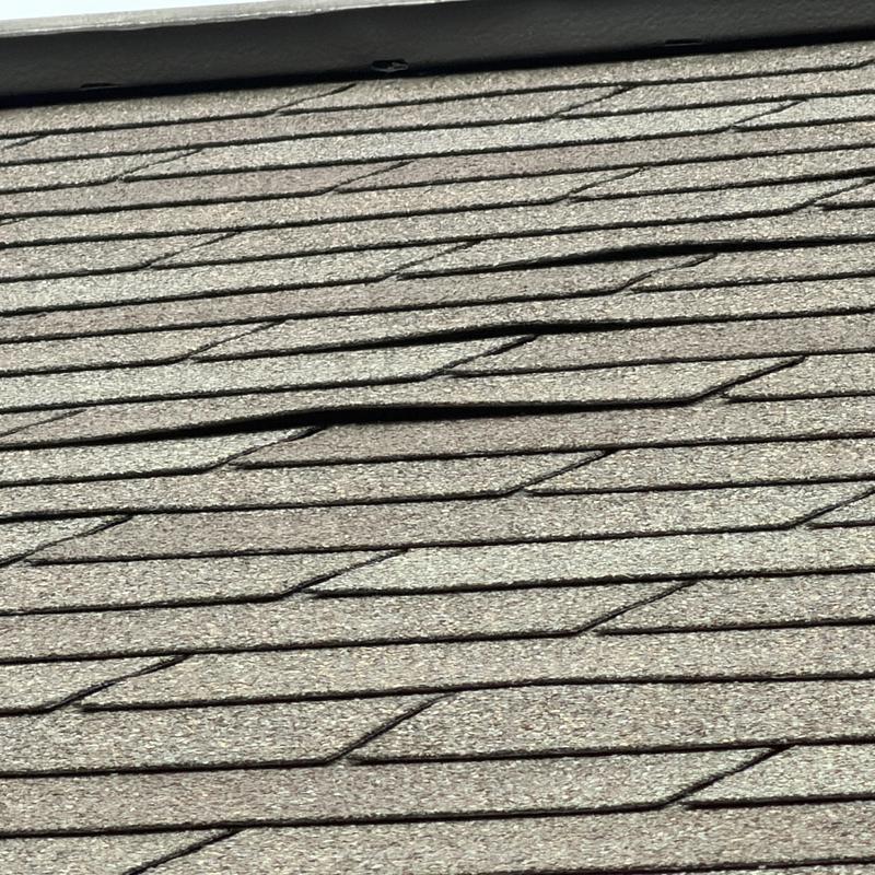 Asphalt roof shingles with visible nail pops and lifting Asphalt roof shingles with visible nail pops and lifting
