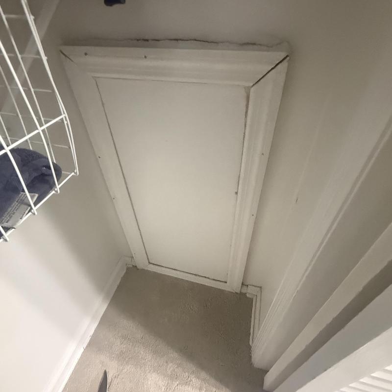 Attic access panel with surrounding trim and carpet Attic access panel with surrounding trim and carpet