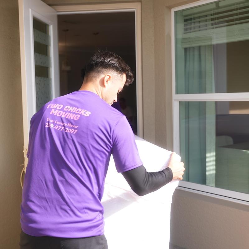 Moving furniture with protective floor and door covers